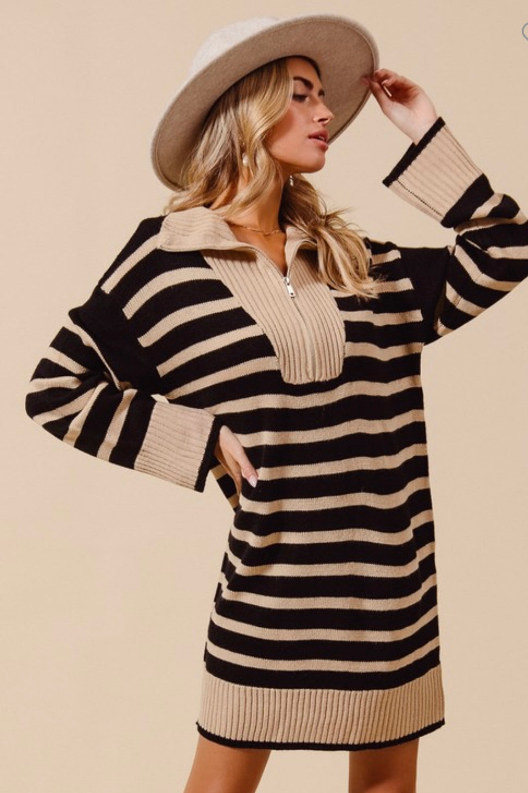 Half zip stripped sweater dress
