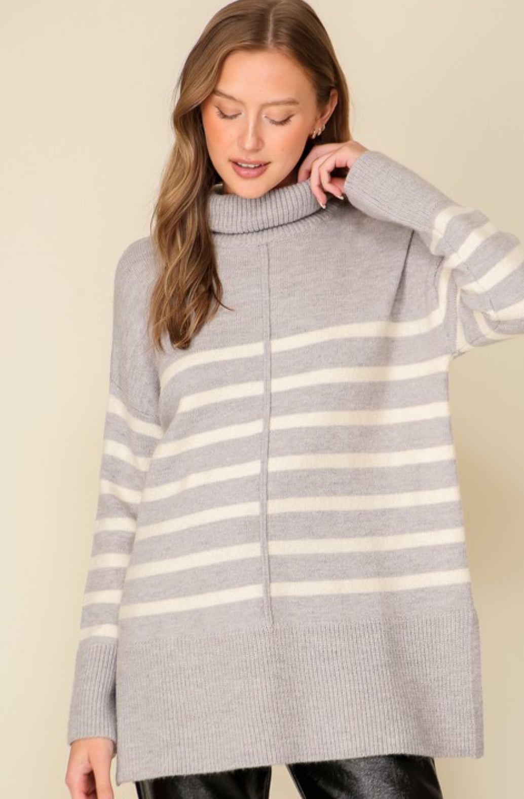 Gray & White Stripe Turtle Neck Sweater